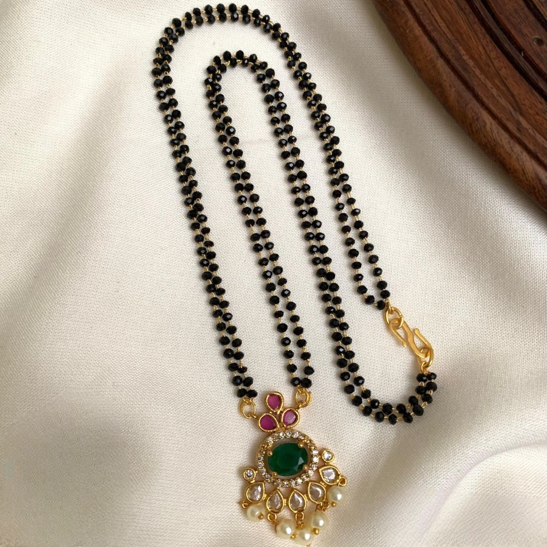 Ira Elegant Double-Layer Black Bead Mangalsutra Chain with Stone Pendant